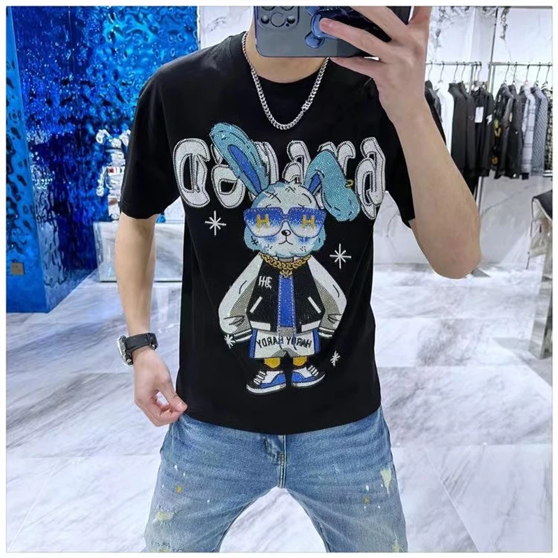 

Мужские футболки с кроликом, модные брендовые футболки с бриллиантами для пар, Новинка лета 2023, облегающие мужские топы с круглым вырезом, тяжелая одежда ручной работы