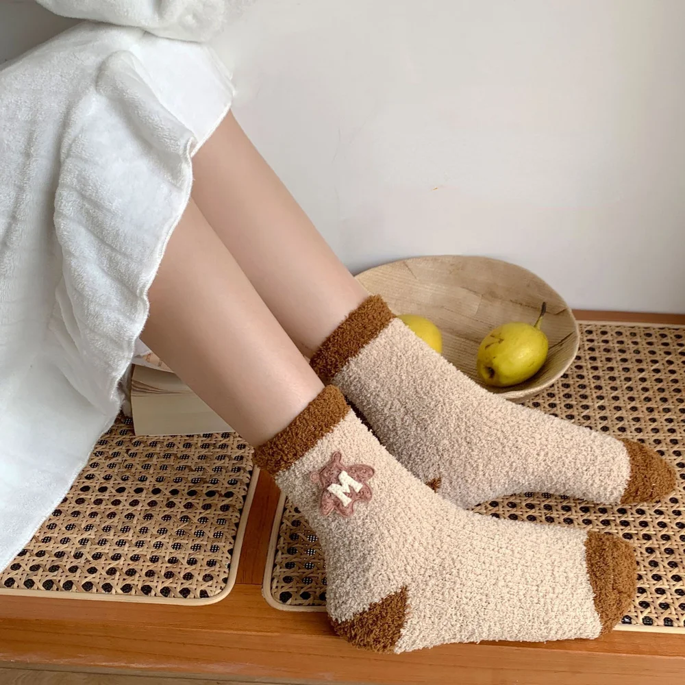 5 Pairs Autumn and Winter Women Coral Fleece Bear Cute Home Floor Sleep Socks Harajuku Sweet and Cute Warm Women Socks