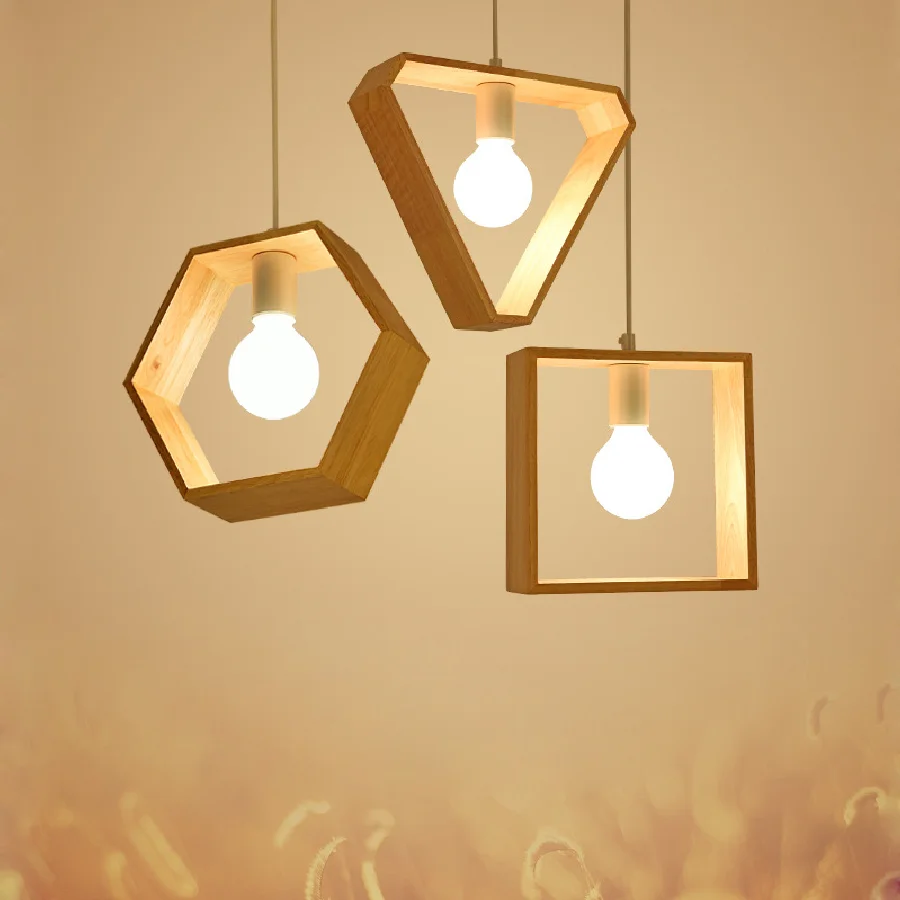 

LukLoy LED Modern Wooden Pendant Light Nordic Creative Geometric Pendant Light Coffee Loft Study Living Dining Room Hanging Lamp