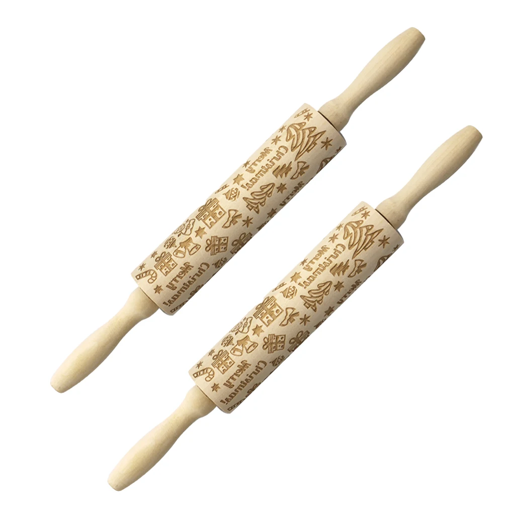

2 Pieces Rolling Pin Christmas Wood Cookie Roller for Home Bakery