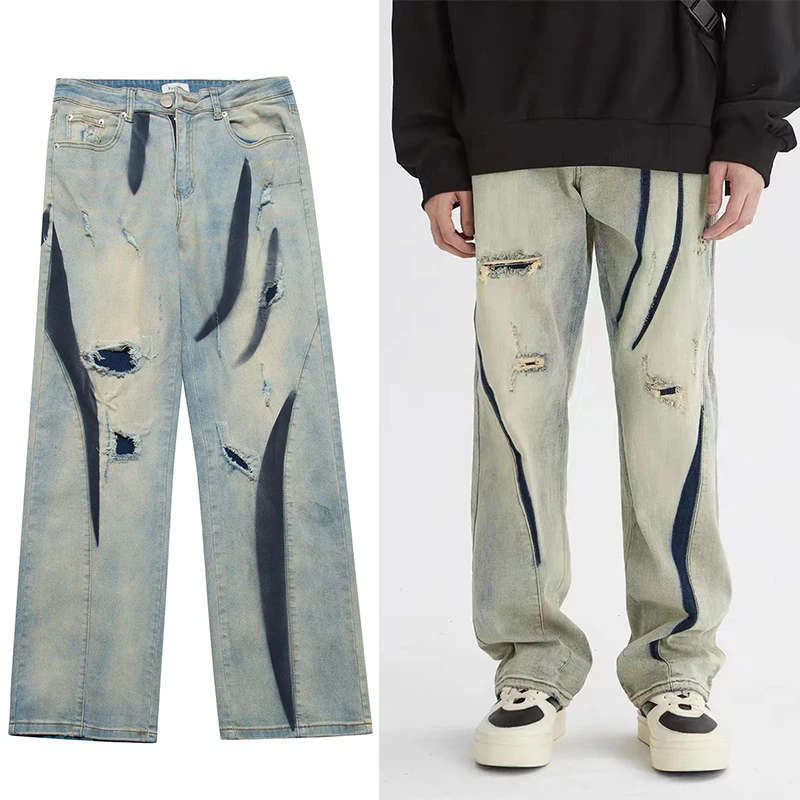 

Синие свободные джинсы Харадзюку для мужчин и женщин, уличная одежда в стиле ретро, с прострочкой, с дырками, в готическом стиле, панк, прямые брюки большого размера, стиль гранж
