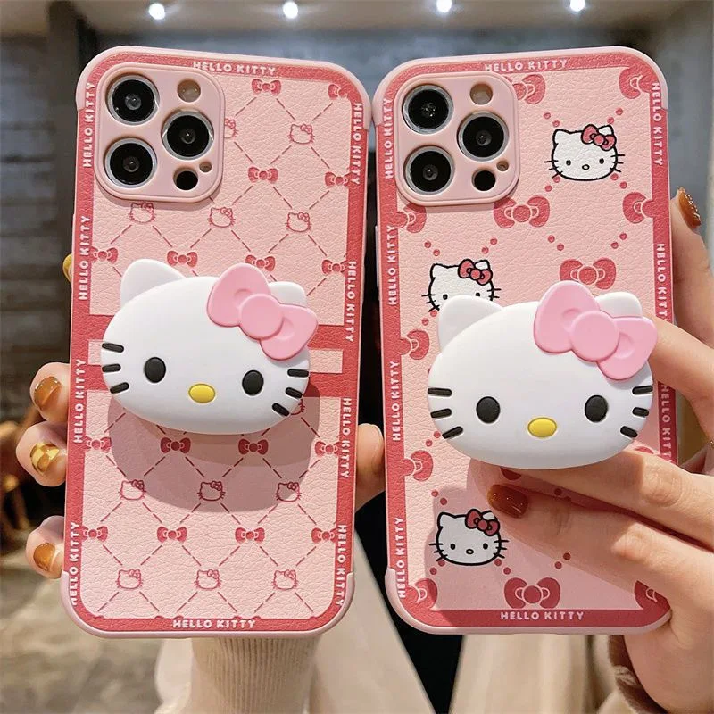 

Sanrio Ribbon Leather Rhombus Hello Kitty With Stand Phone Cases For iPhone 13 12 11 Pro Max XR XS MAX 8 X 7 SE 2020 Back Cover
