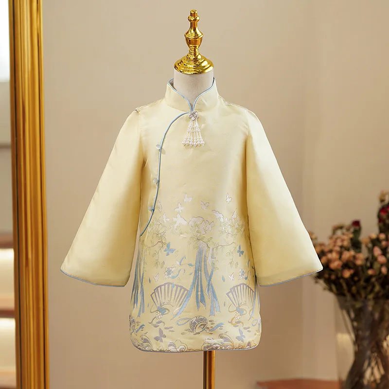 

Китайский стиль, Чонсам для маленьких девочек, желтый, с длинным рукавом, ханьфу, милый детский костюм для вечеринки, Детский костюм