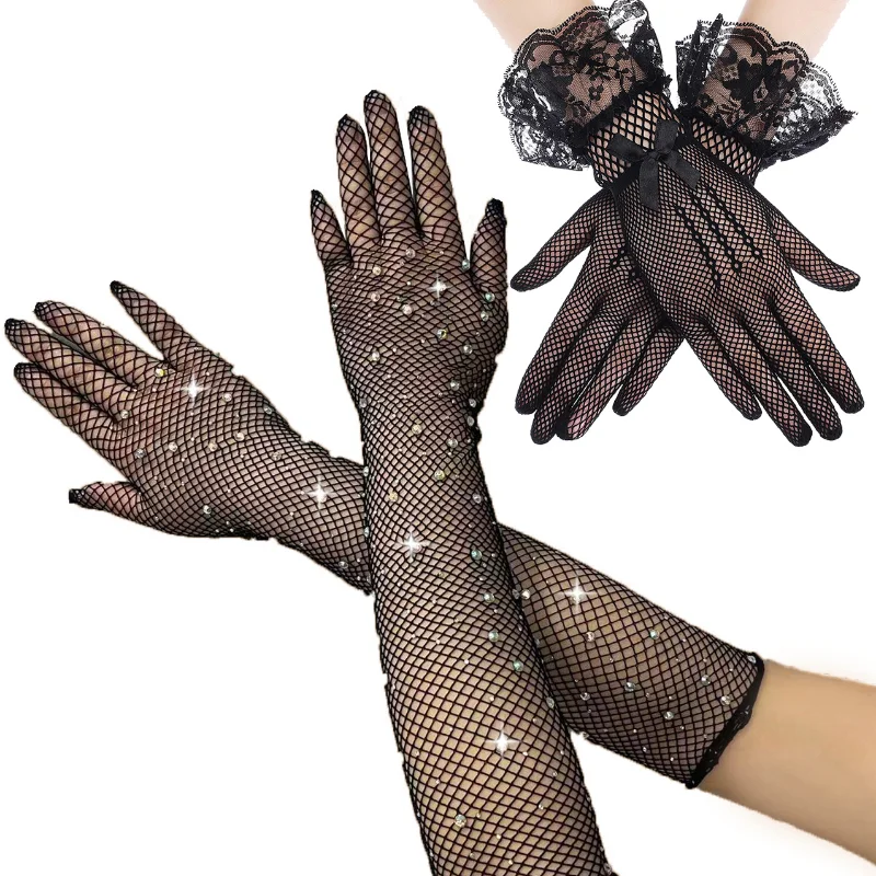 

Disco Flash Diamonds Gloves Women European American Fashion Fishing Net Sexy Trampody Long Glove Dress Decoration Accessories