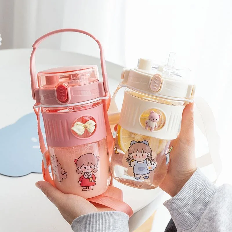 

650ml Kawaii Water Bottle For Girl Portable Cute Sticker Kids Travel Tea Milk Cup With Straw Handler Outdoor Sports Plastic Cup