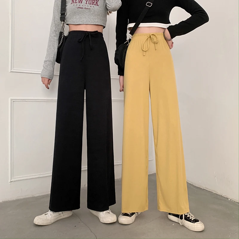

High Waist Loose Women Sweatpants Korean Causal Solid Black Joggers Wide Leg Pants Summer Lace Up Ladies Trousers