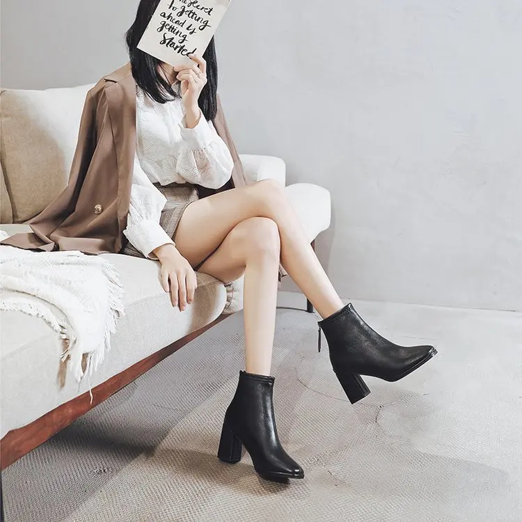 

Autumn Winter Ladies Pointed Toe Square Heel Women Shoes Fashion Ankle Boots Zipper Platform Footwear
