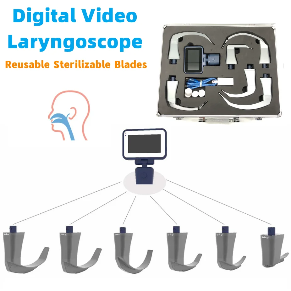 Digital Video Laryngoscope Reusable Sterilizable Blades 3.0 in color TFT LCD , 7 Stainless Steel Blades Optional