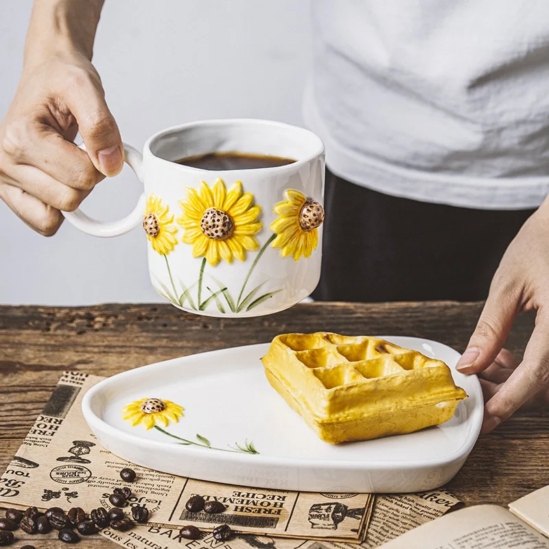 

Sunflower Mug and Saucer High Pigment Ceramic Underglaze Color Hand-painted Coffee Cup and Tray Home Breakfast Milk Water Cup