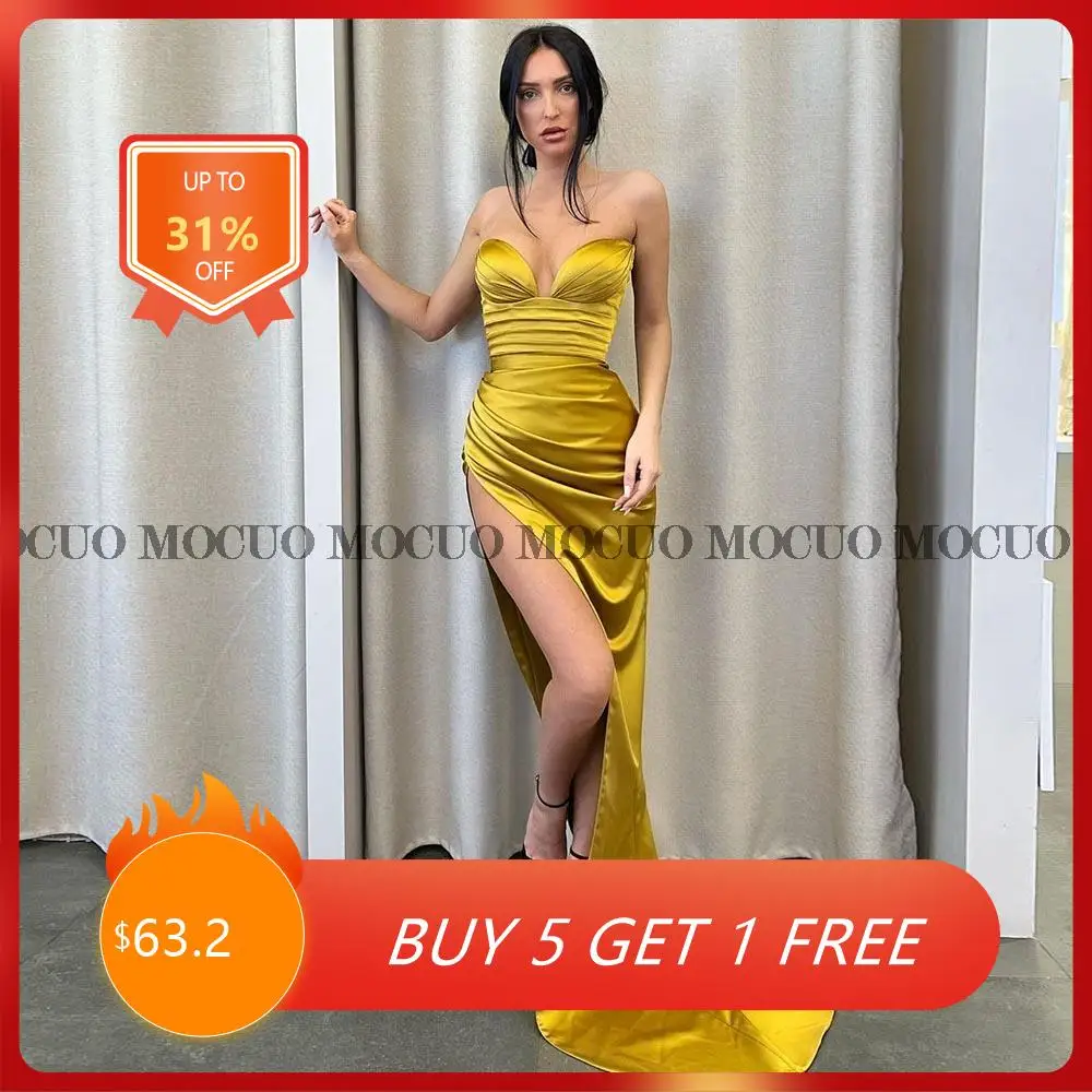 

High Side Split Satin Mermaid Prom Dresses Sweetheart Pleat Ruched Evening Dress Wedding Party Gowns 2022