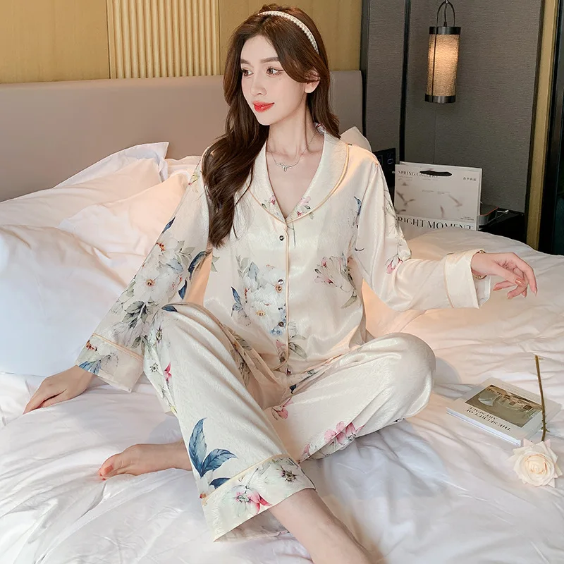 

Jxgarb 2023 Spring Trendy Ice Silk Pajamas Sets Two Pieces Satin Print Floral Femme Luxury Casual Sleepwear At Home