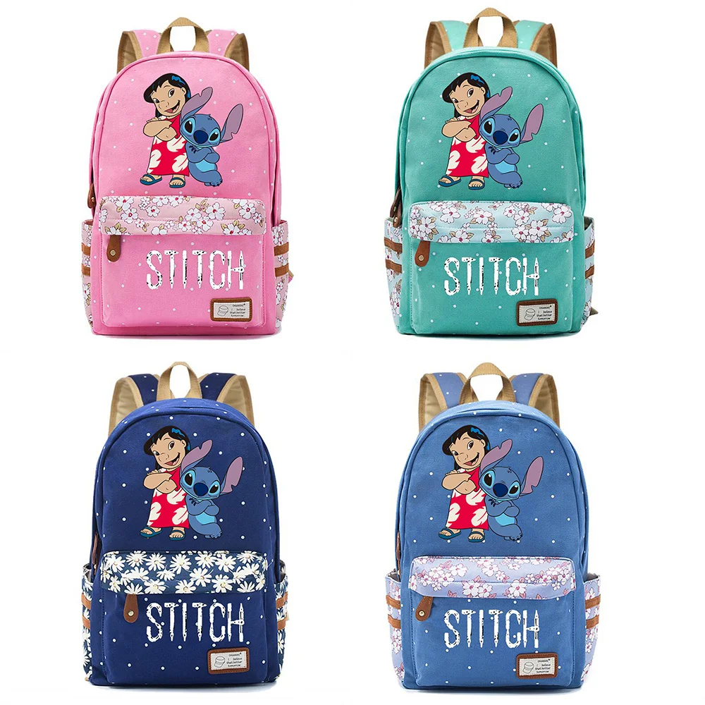 Disney Fashion Anime Cartoon Stitch Schoold bag Student Polka Dot Flower Canvas bag Travel Youth Casual Durable Backpack