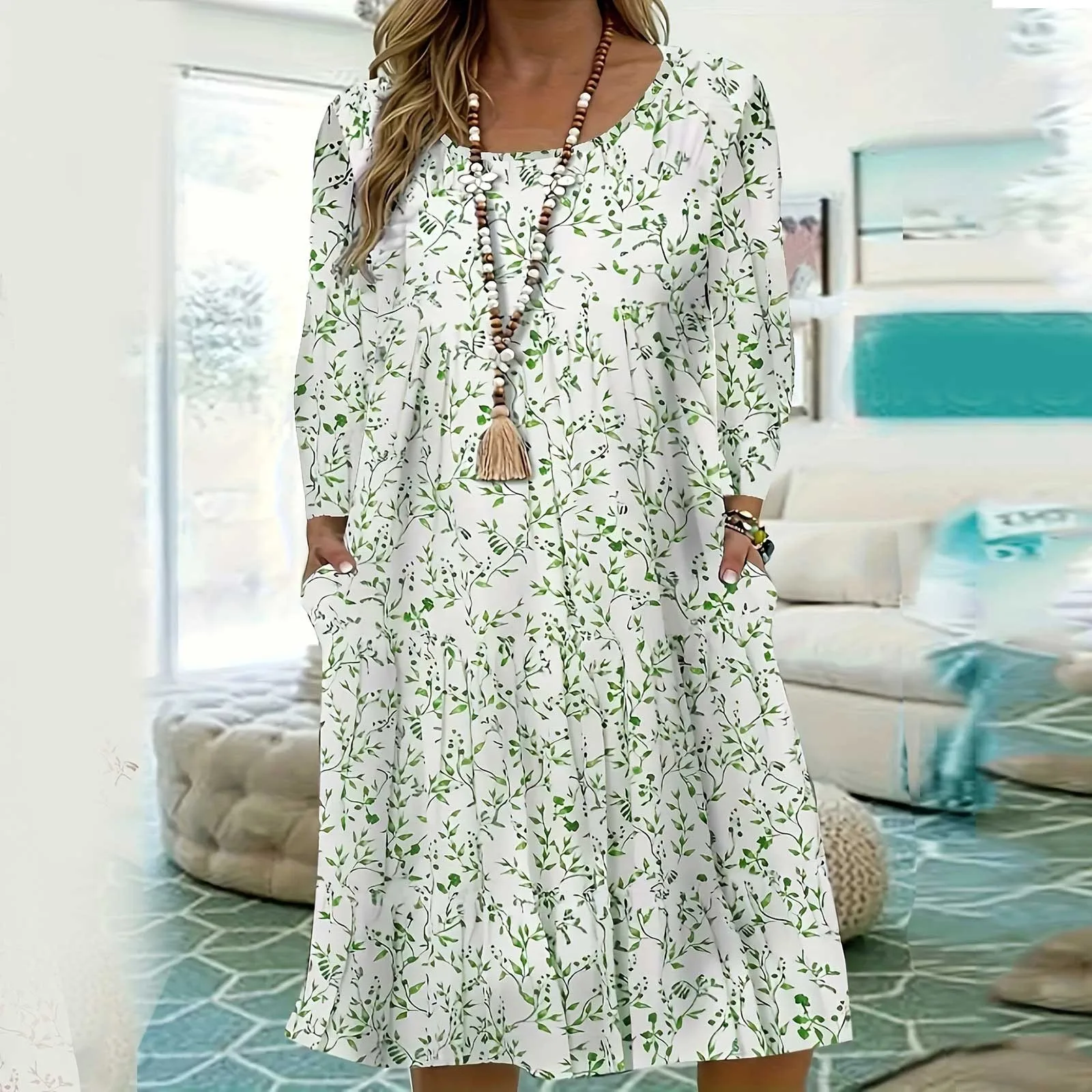 

2023 Women's Autumn Fashion Floral Printed Dress Round Neck Casual Long Sleeve Pleated Dress Loose Versatile Dress With Pockets