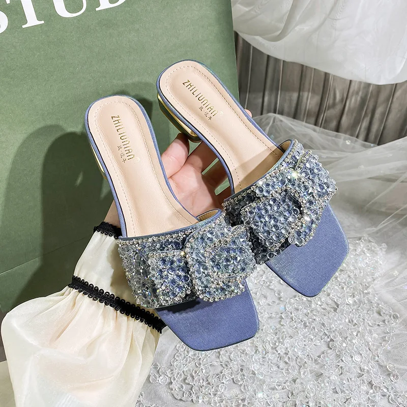 2023 Women Slippers New Chunky Heel Fashion Flat Ladies Rhinestone Slippers Womens Shoes Comfort Summer Peep Toe Shoes