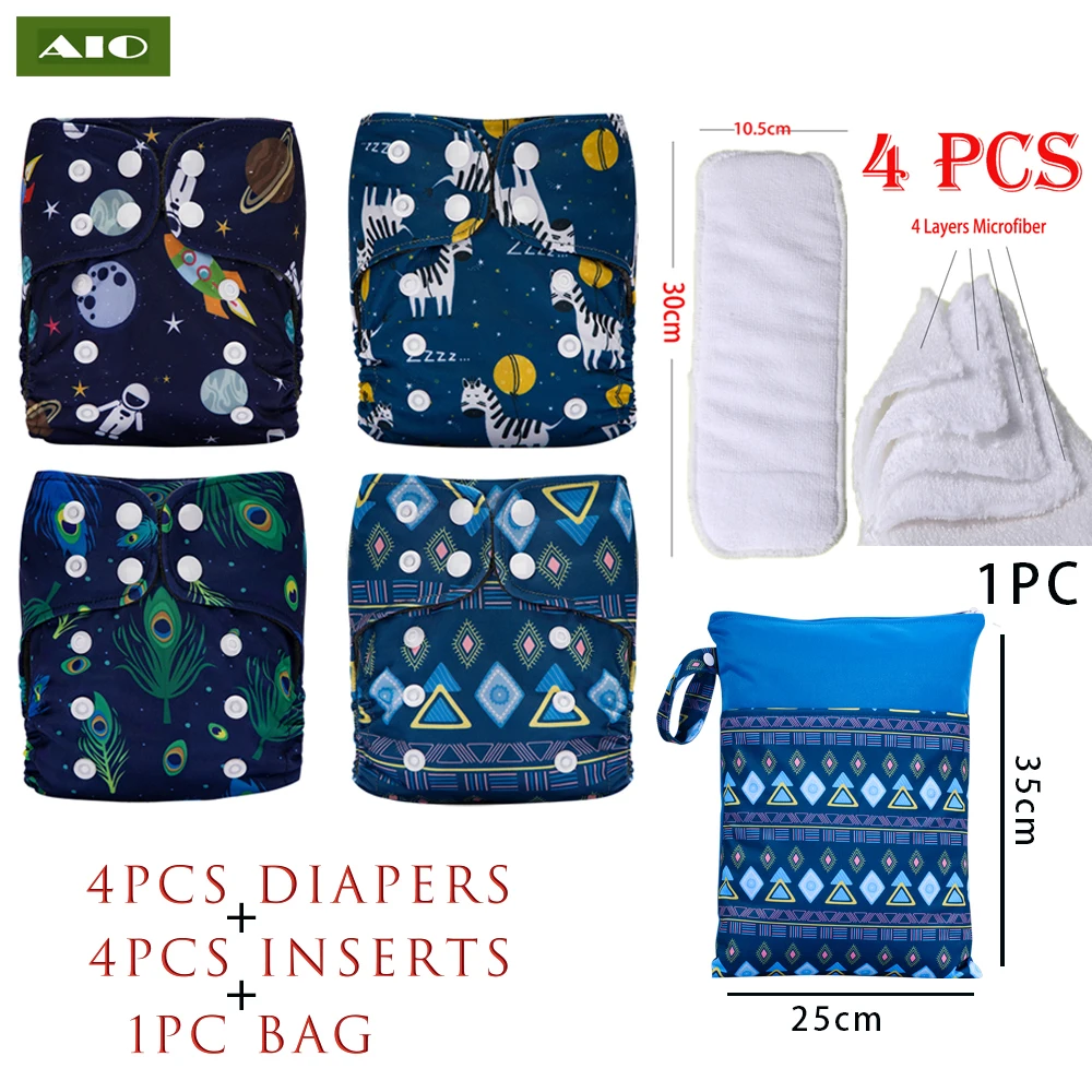

[AIO] 4 diapers+4 Inserts + 1 Wet Bag Washable Baby Cloth Diapers Adjustable Infant Pocket Diaper Eco Nappy Reusable Fit Newborn