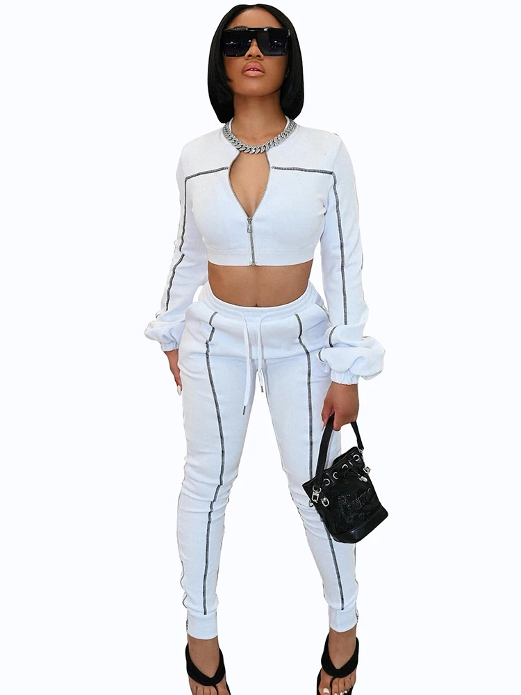 

Women Two Piece Set Zipper Crop Tops And Pencil Skinny Pant Suits Spring Autumn Patchwork Sexy Street Style Casual Tracksuit Set