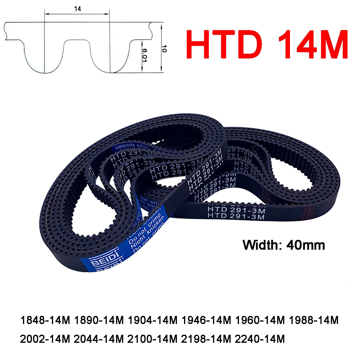 

1Pc Width 40mm HTD 14M Rubber Timing Belt Pitch Length 1848 1890 1904 1946 1960 1988 2002 2044 2100 2198 2240mm Drive Belts