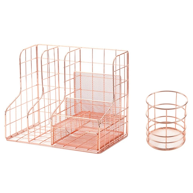 

Simple Wrought Iron Office Desktop Storage Rack, Mesh Metal File Storage Basket, Stationery Storage Box With Pen Holder
