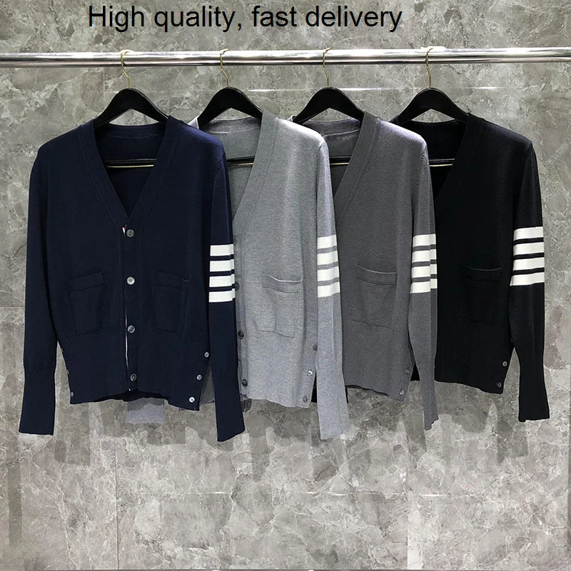 THOM Man TB Cardigan Coat Wool Colors V-neck Classic Stripes Sweater Men's Concise Style Sweaters Women's High Quality Clothes