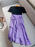 round neck short sleeved knitted dress 2022 summer new womens bow tie irregular skirt print stitching casual dresses