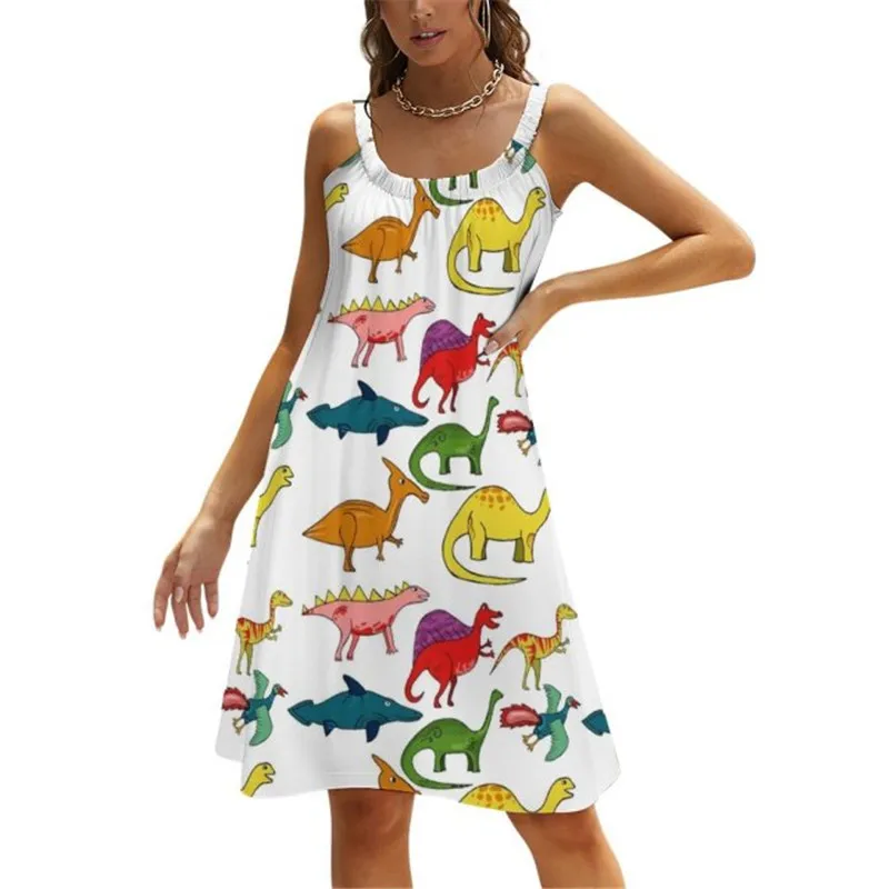 

3D Dinosaur Cartoon Print Women Dress Trendy Sexy Spaghetti Strap Dresses Women Casual Beach Party Bohemian Summer 2022 Vestidos