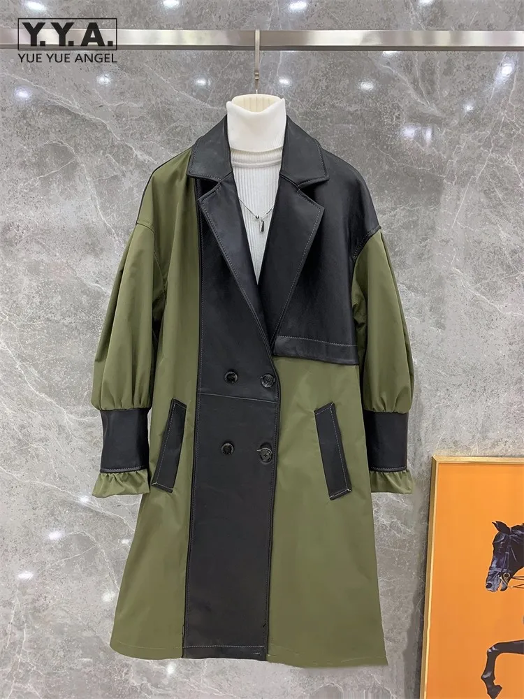 

High Street Spring Autumn Women Double Breasted Trench Coat Genuine Leather Patchwork Long Coats Fashion Office Lady Windbreaker