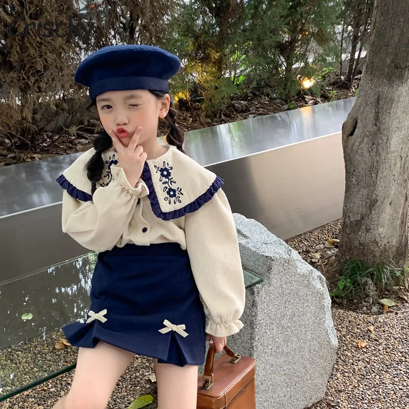 

Criscky 2022 Spring Korean Girls Lapel Flower Embroidery Suits Cotton Suits Bowknot Skirts Kids Clothes Baby Girl Clothes