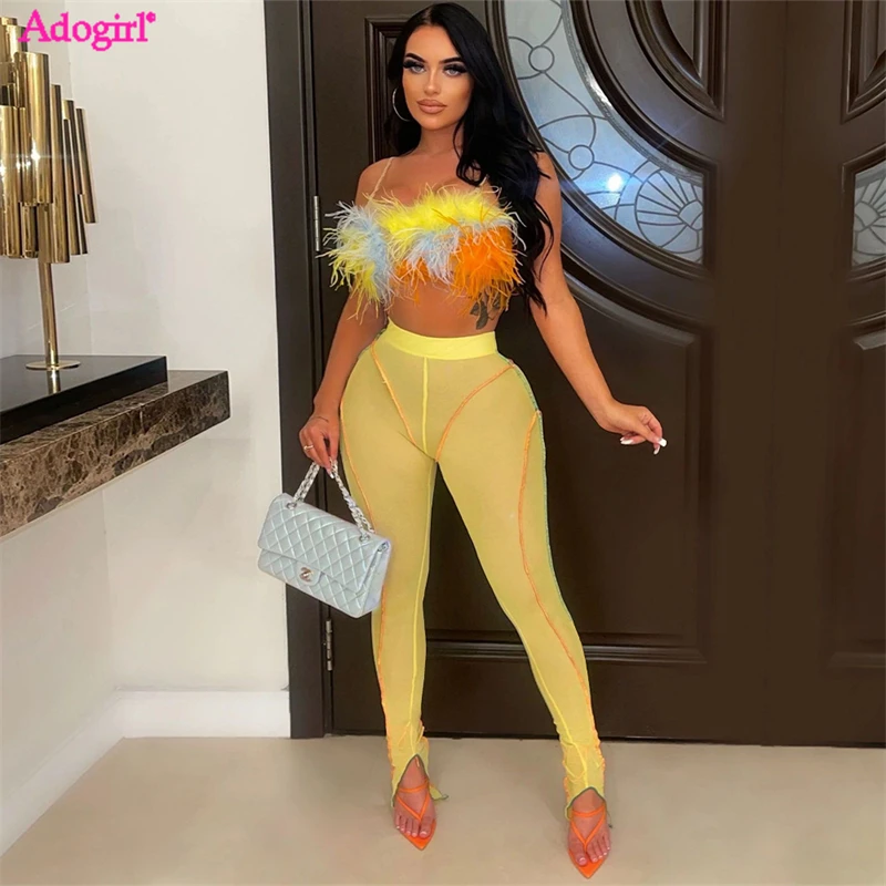 

Adogirl Women Sexy Two Piece Set Colorful Feathers Camisole Crop Top Sheer Mesh Pencil Pants Night Clubwear Suit Summer Outfits