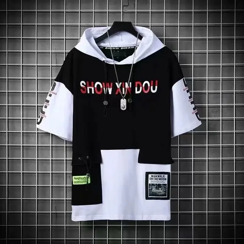 Модная толстовка с капюшоном и короткими рукавами мужская летняя футболка в