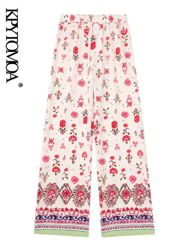 

KPYTOMOA Women Fashion Floral Print Wide Leg Pants Vintage High Waist With Elastic Waistband Female Trousers Mujer