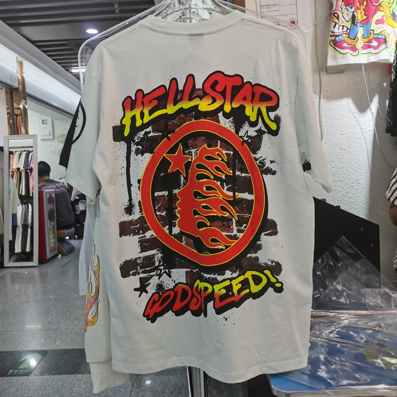 

Реальная фотография, футболка Hellstar с принтом пламени победы и монограммы, Высококачественная свободная Мужская и женская футболка с коротким рукавом