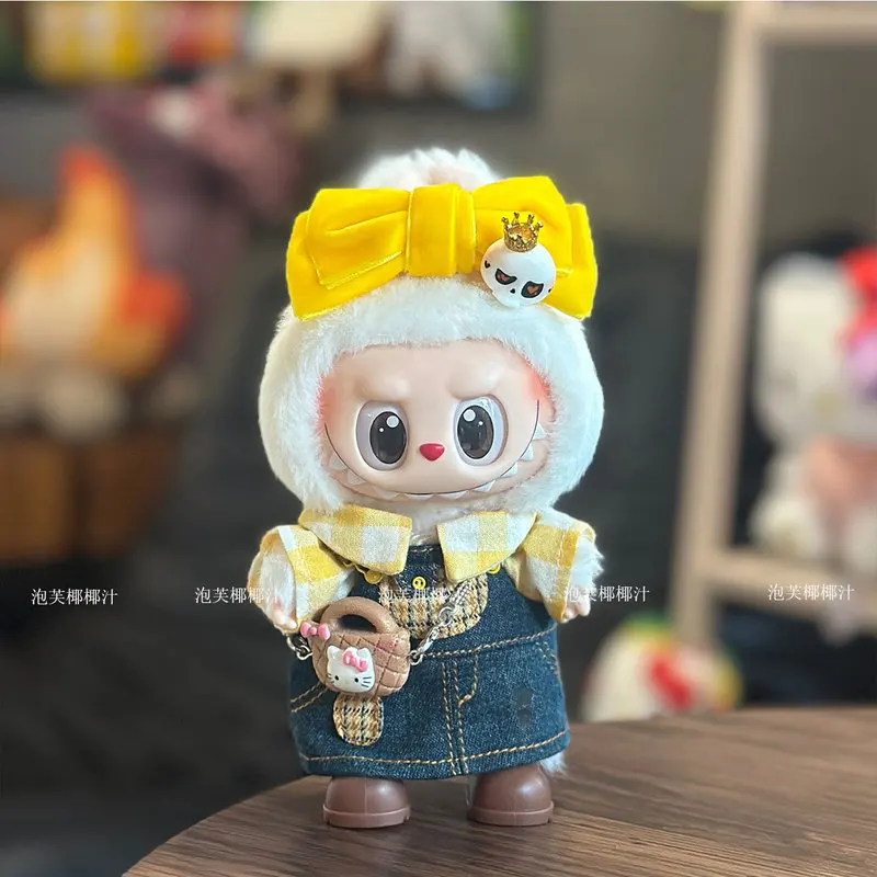 Фото Подходит для детской одежды Labubu 17 см, виниловая слепая коробка, сердцебиение, миндальное печенье, передняя часть, высокое энергопотребление 3,0, клетчатый костюм с юбкой на бретельках №3