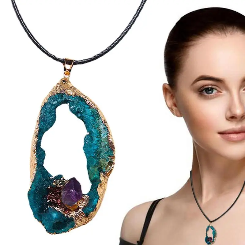 

Agate Pendant Natural Stone Necklace Women Hollow Irregular Stone Pendant With Gold Trim And Purple Crystal For Party Banquet