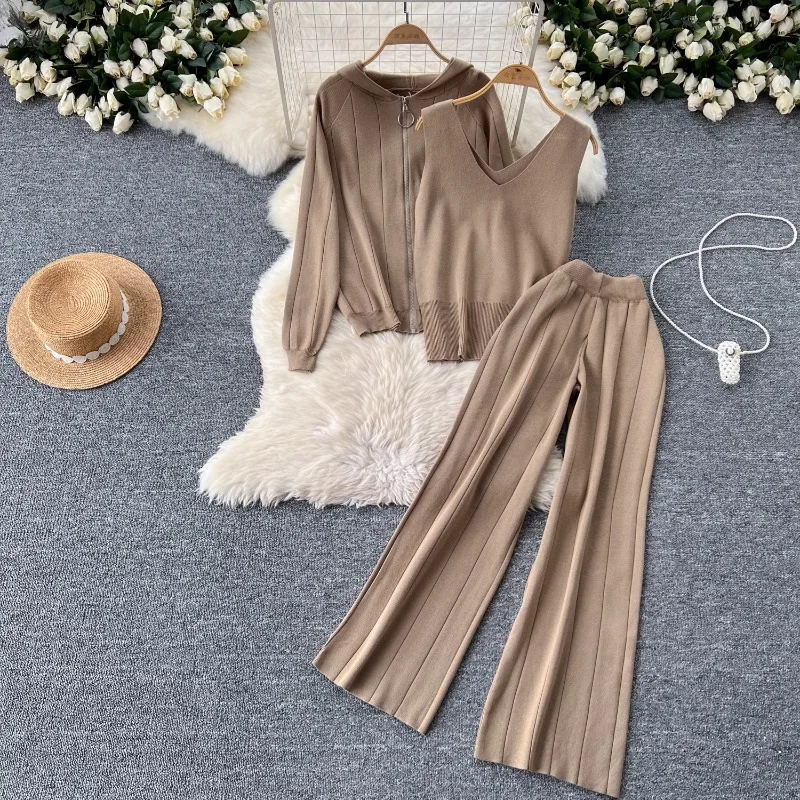 Корейский шикарный простой однотонный вязаный костюм женский кардиган с