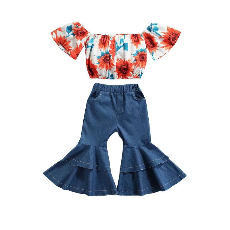 

2 Pieces Kids Suit Set Summer Floral Print Boat Neck Short Sleeve Tops+ Solid Color Flared Jeans for Girls 2-7 Years