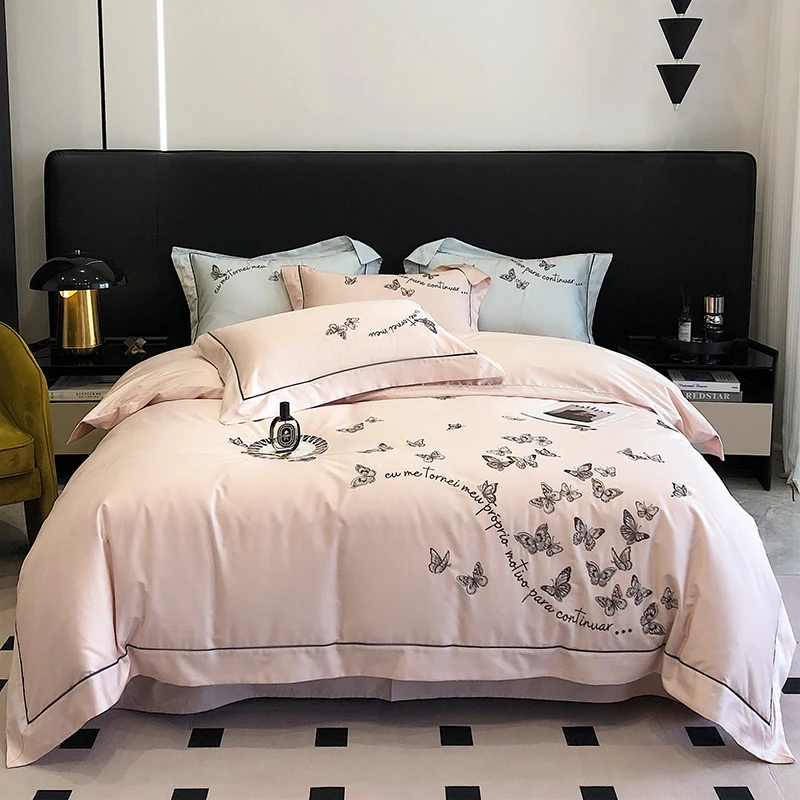 

Luxury 1000TC Egyptian Cotton 4Pcs Bedding Set Butterfly Embroidery Wide Edge Duvet Cover Set Flat/Fitted Bed Sheet Pillowcases