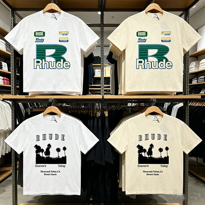 Фото Футболка Streetwear Brand Rhude, летняя модная повседневная футболка с принтом логотипа, с коротким рукавом, для мужчин и женщин, высококачественная футболка №1