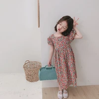 fashion girls kid party dress criss cross floral backless puff sleeve cotton for princess with flowers