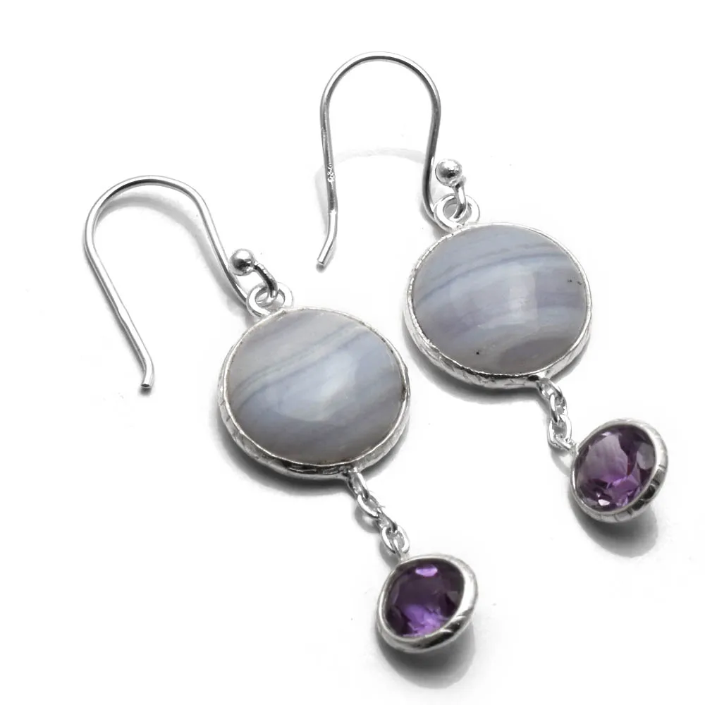 

Genuine Blue Lace Agate + Amethyst 925 Sterling Silver Earrings, 40 mm, AE2685