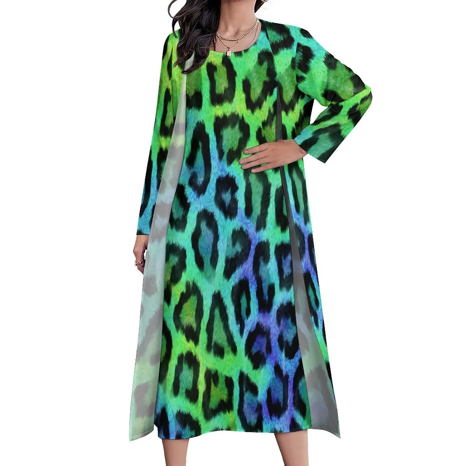 

Платье-макси двухцветное с леопардовым принтом, батальных размеров, 5XL