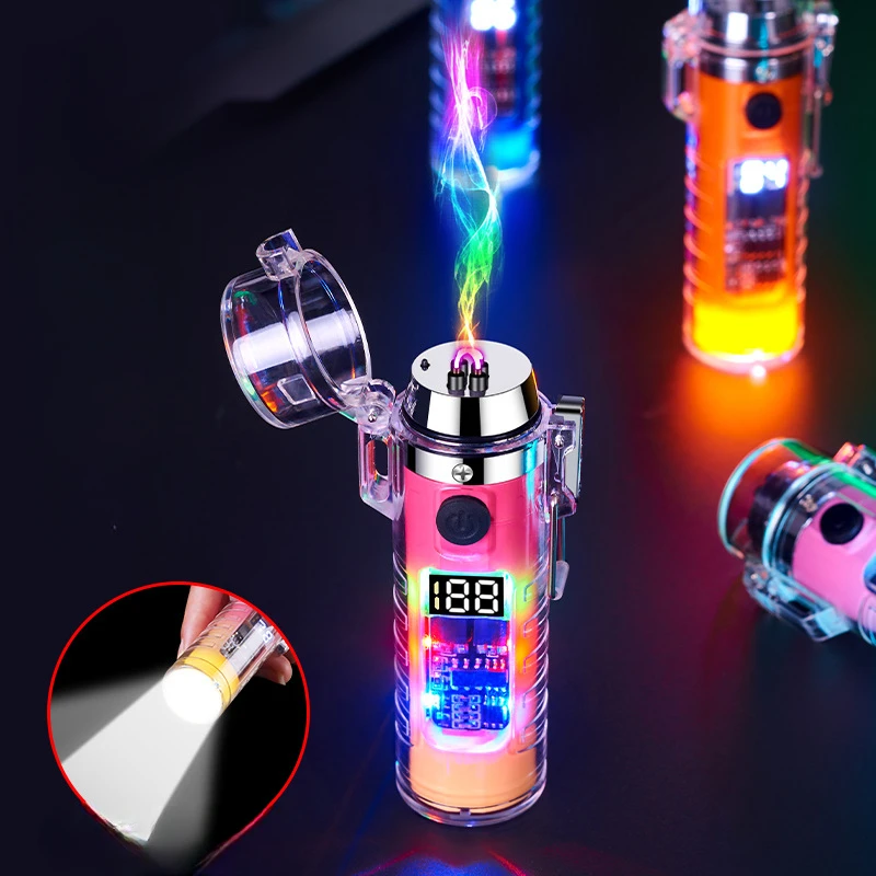 

New Transparent Case Charging Pulse Lighter Cylindrical Flashlight Lighter Waterproof Arc Cigarette Lighter Gadgets for Men