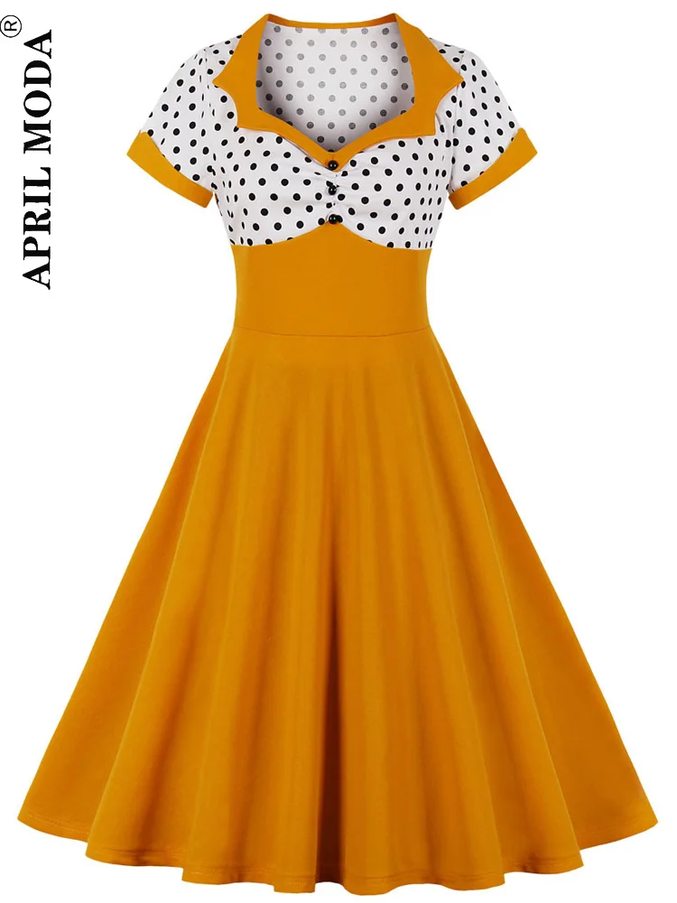 2022 Casual 50s Vintage Women Dress 4XL Ladies Yellow Black Polka Dot Print Robe Rockabilly Swing Party Vestidos