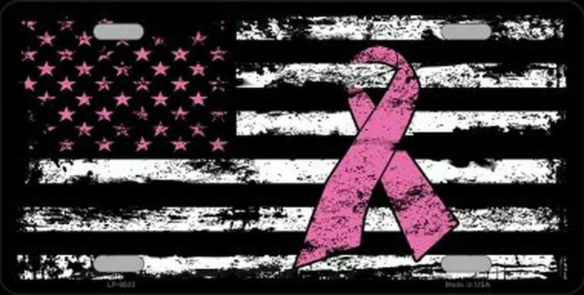 

Breast Cancer American Flag Pink Car Front License Plate Motorcycle with 4 Holes Metal License Novelty Tag 12x6 Inch Plaque