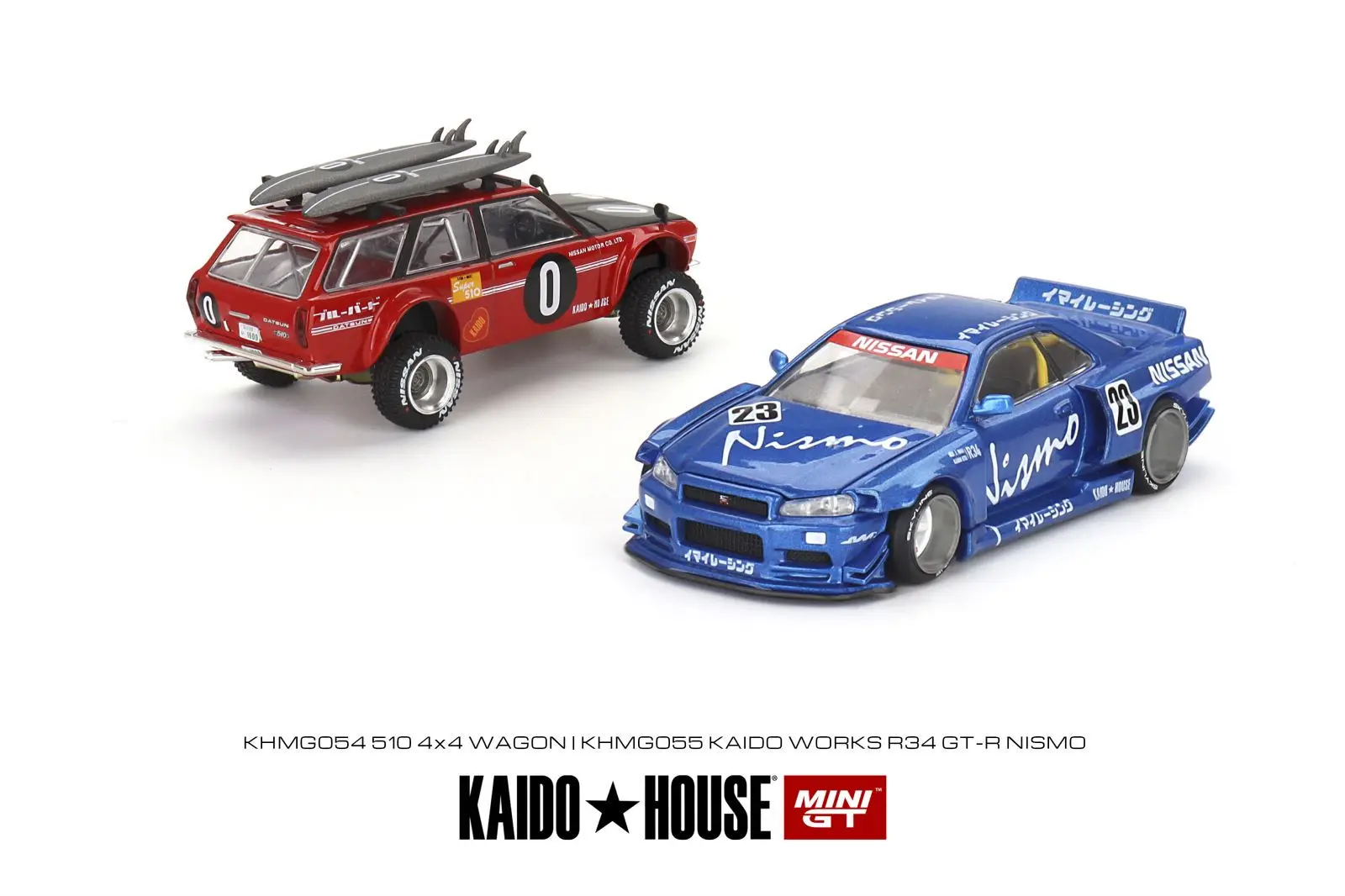 

Kaido House + MINIGT Nissan Skyline GT-R (R34) Kaido Works V3 KHMG055 KHMG054 Datsun KAIDO 510 Wagon Kaido GT Surf Safari RS V2