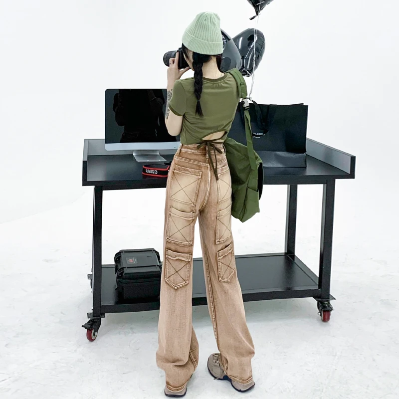 Aesthetic Vintage Cargo Women's Pants Y2k High Waist Straight Baggy Jeans Casual Chic Fake Zippers Pocket Female Trousers 2023