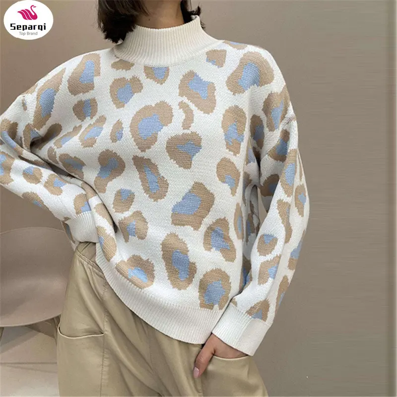 

Winter Women's Sweater 2023 Leopard Print Animal Basic White Turtleneck Oversize Jumper Vintage Warm Knitted Sweaters For Women