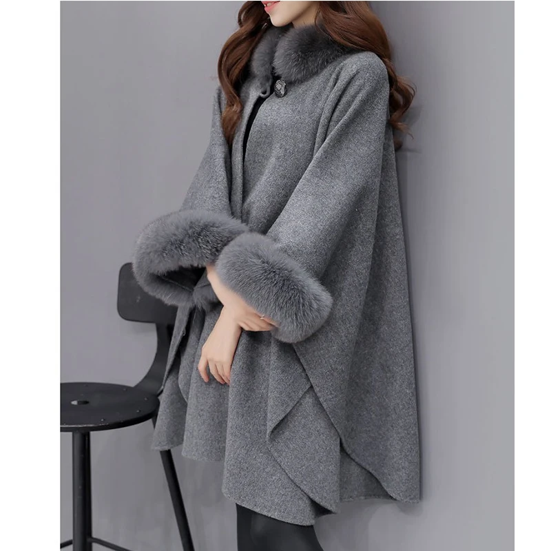 New fox fur collar women jackets and coats long woolen coats cape cloak jacket female fox fur overcoats thick winter Coat ladies