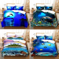 cute whale turtle jellyfish dolphin shark bedding set blue ocean quilt cover pillowcase single double queen king full size