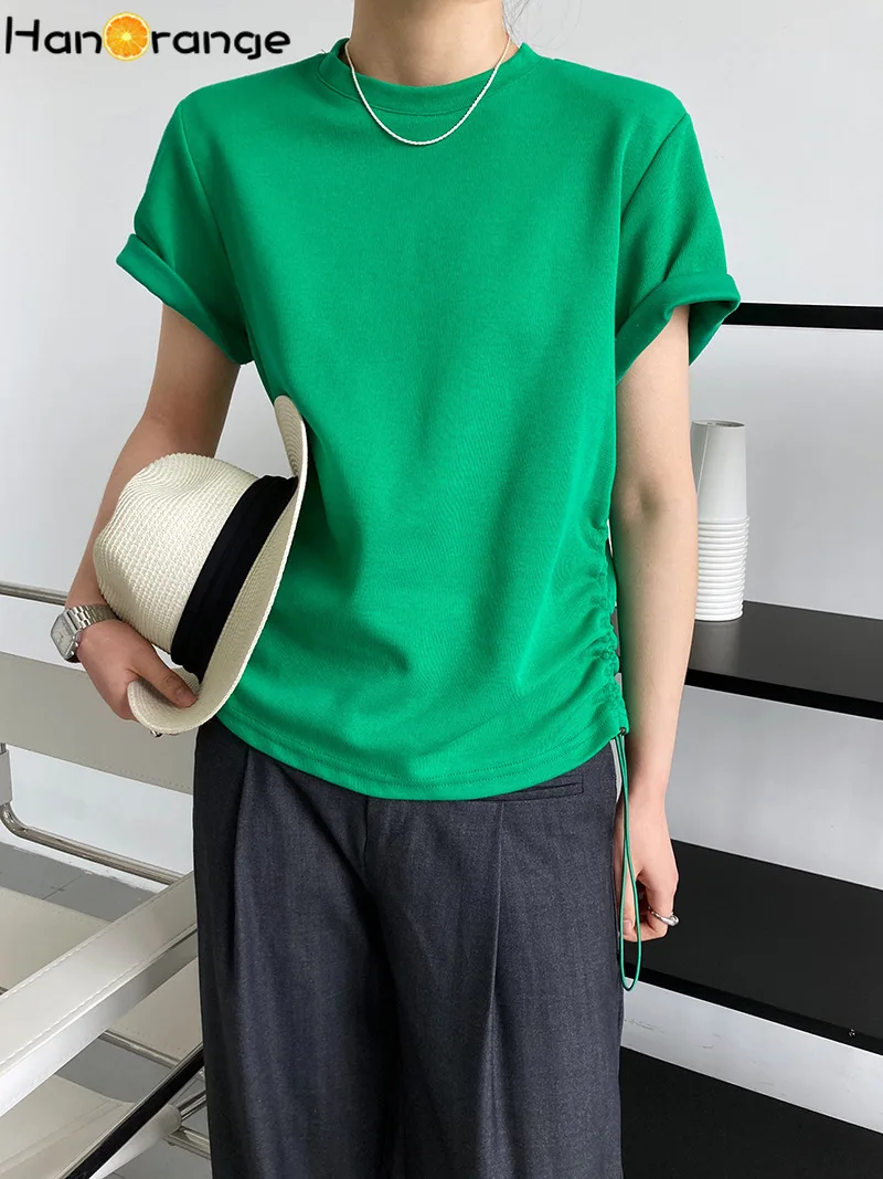 

HanOrange Drawstring Short Sleeve T-shirt Women 2022 Summer Simple Solid Color Round O-shoulder Bottoming Tees Female Tops