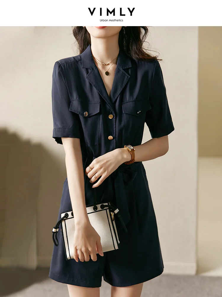 Vimly Summer Short Jumpsuit for Women 100% Lyocell High Waist 2023 Spring Notched Neck Short Sleeve Wide Leg Cargo Pants